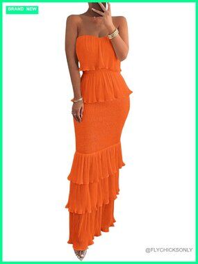 Strapless Ruffle Maxi Dress - Smocked Fitted Boho Tube Top Long Dress